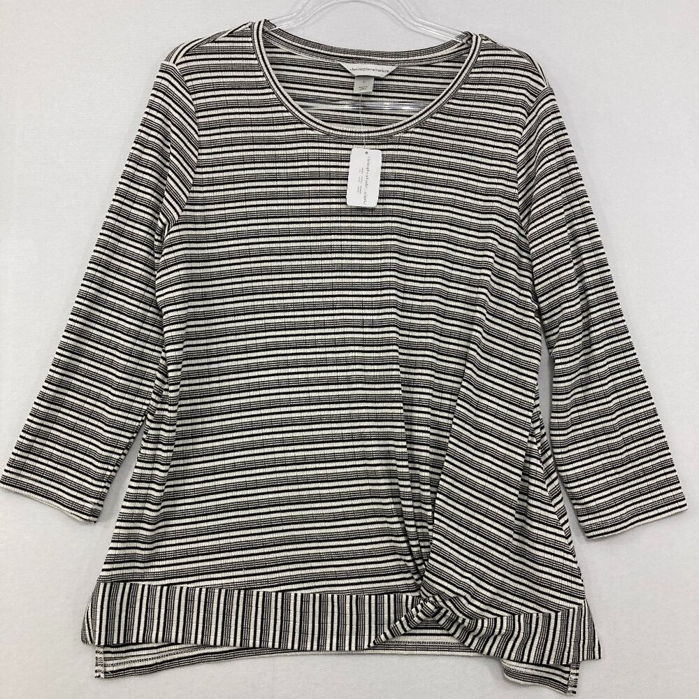 New Christopher & Banks Large Gray White Stripes Rib Knit Twist Detail Blouse